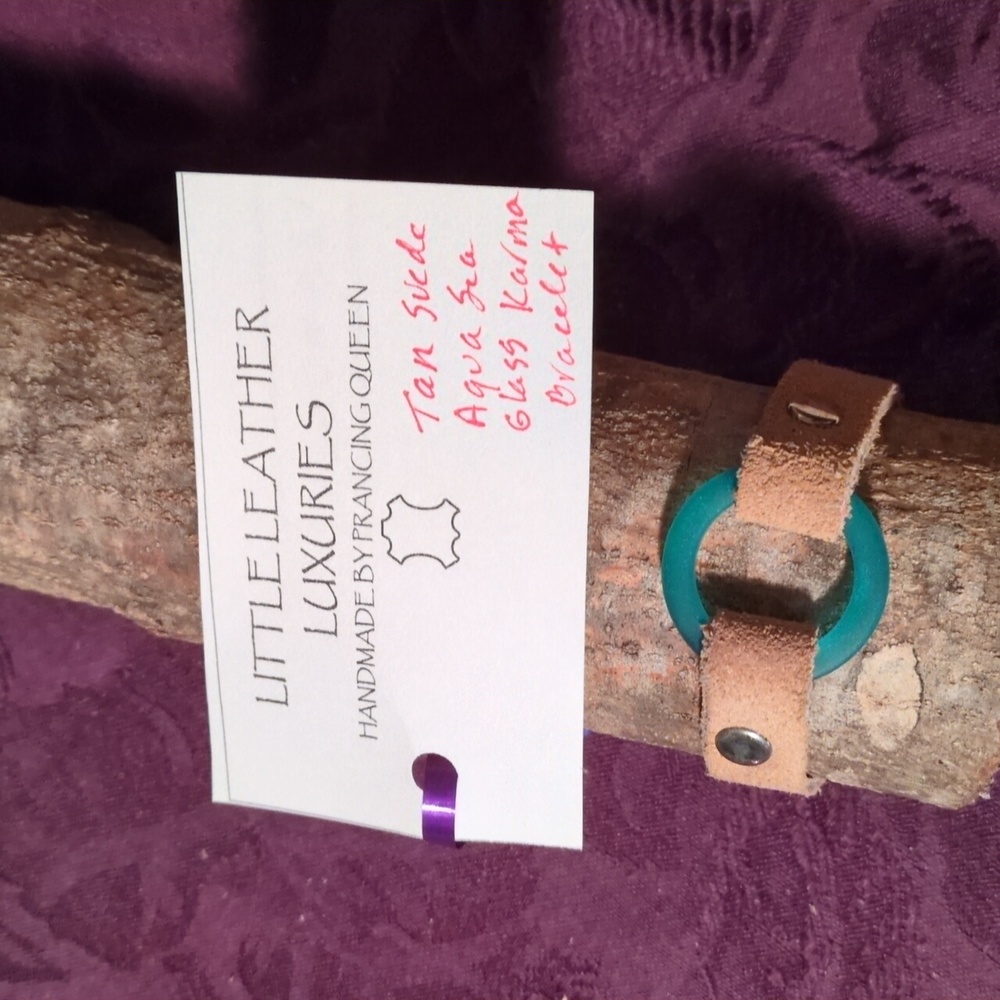 Handmade Genuine Suede Leather Karma Circle Bracelet Aqua Sea Glass Silver